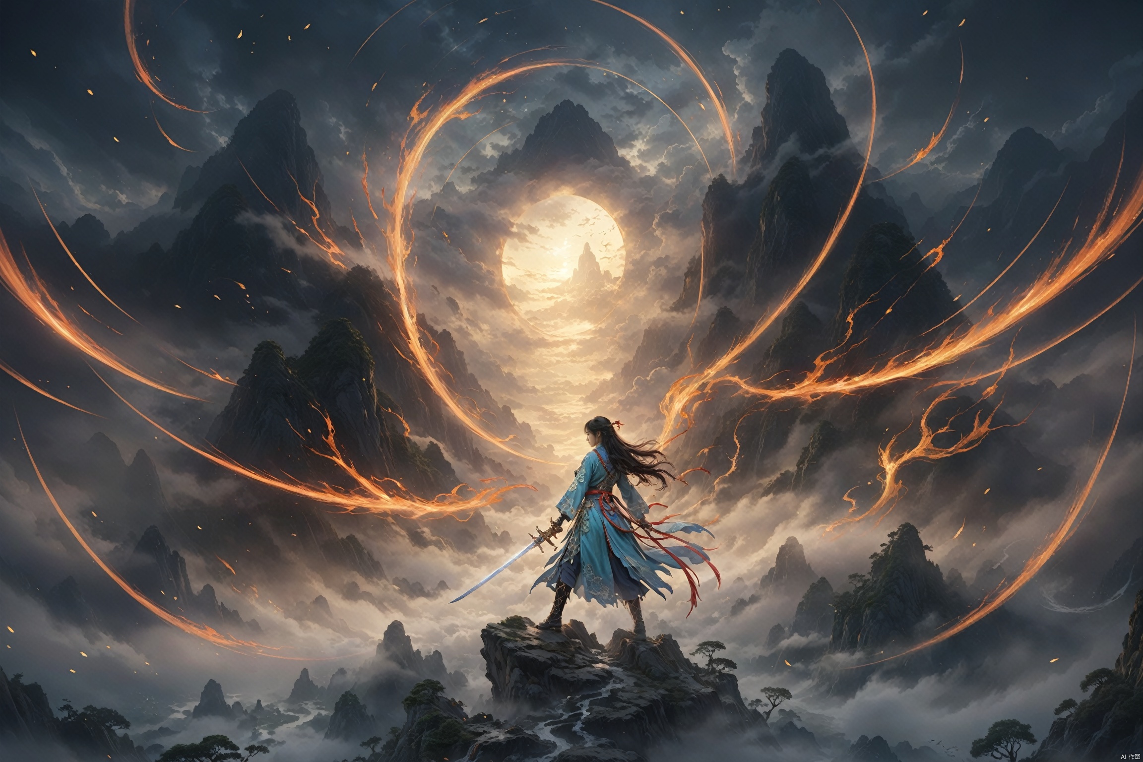  Ancient China, Wuxia World, Thousands of Swords, Flying Sword, Black through the Hole, surrounded by mist, vast panorama, Unreal light and shadow, wide Angle lens, captured at dusk, cinematic texture, Unreal Engine 4, 8K Ultra HD, clear and bright image quality, amazing fantasy immortal scenes, ink painting style, highly refined, dynamic expression, clear lines, cinematic texture, Cold atmosphere, vivid, render high octane, extremely fine,wujie,wanjianguizong,jianjue,11