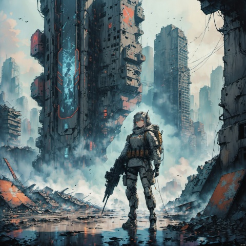 1mecha-girl, full-body artwork, post-apocalyptic setting, ruined cityscape, cyberpunk aesthetic, mechanical limbs, advanced weaponry, sleek armor plating, glowing neon accents, android eyes, futuristic backpack, battle-worn environment, debris-strewn streets, smokestacks, shattered skyscrapers, weathered concrete, holographic HUD display, synthetic hair strands, determined expression, mixed media elements, detailed circuitry, hybrid human-machine form, dystopian atmosphere, environmental storytelling, hi-tech exoskeleton, tactical gear, quest for survival, gritty realism,((anime art style)),