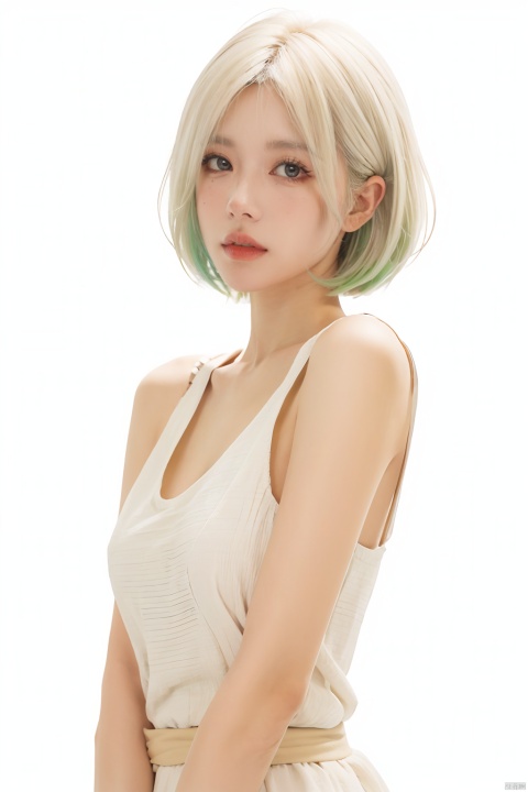  blunt bangs, masterpiece, best quality, best illustration, ultra-detailed, upper body, solo, 1 girl, looking at viewer, upright, arms at sides, beautiful detailed eyes, concept art, white background, simple background, white hair, green gradient hair, expressionless, blush, virtual youtuber, short hair,blonde hair, monkren