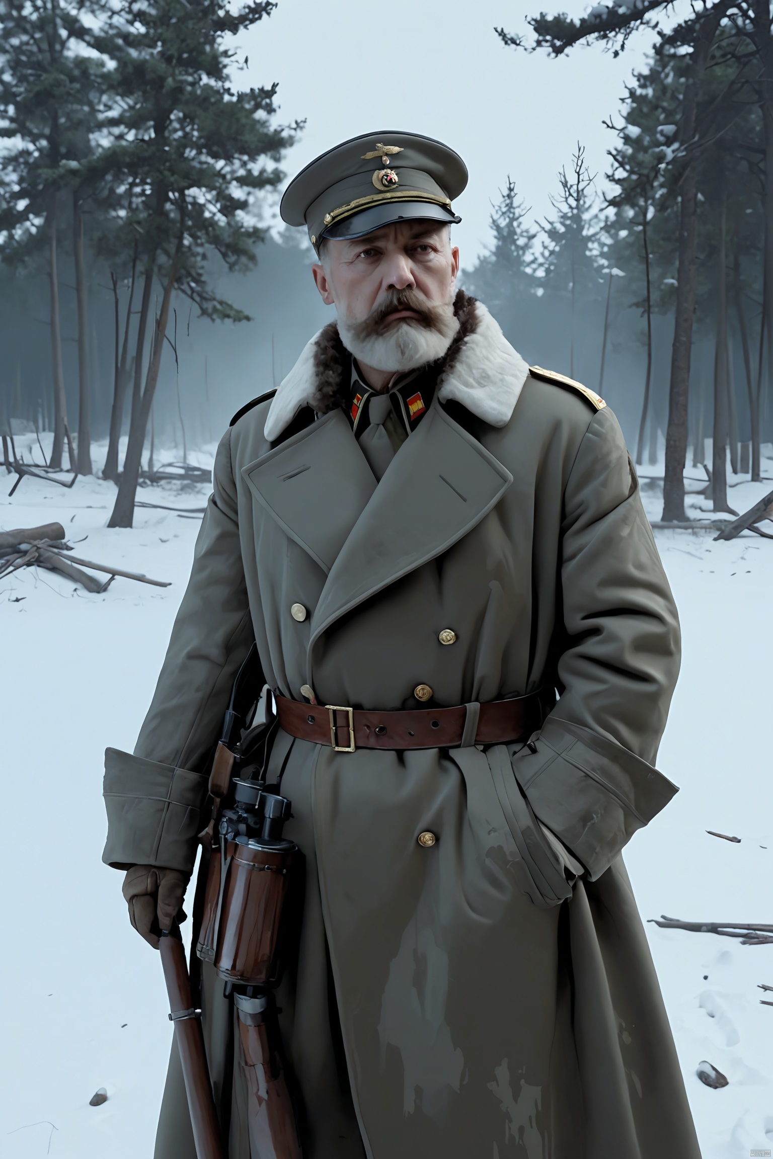 (Image of German general during World War II: 1.2), marshal uniform, standing, full body, big beard, Iron Cross hanging on the chest, gold-rimmed peaked hat, telescope hanging around the neck, map bag under the arm, serious face, Standing in the trench, with a battlefield background covered with snow, in a fur collared coat, having a strategic discussion, with a pipe in his mouth, using a retro camera effect, traces of war damage are visible in the background, showing the aura of the commander, movie scene, movie shot , cinematic lighting, volumetric lighting, hyper-detailed, highly detailed, ultra-detailed, realistic, hyper-realistic, ultra-realistic, HD, IMAX, 8K resolution, super-resolution, sharp focus, magnificent, best quality, masterpiece.,
