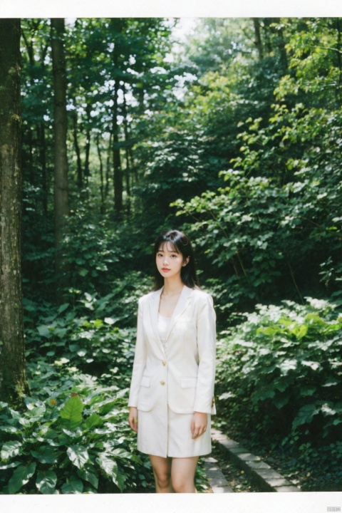 35mm focal length, portrait photography, female office worker in a forest setting, formal business attire contrasting with natural surroundings, mid-shot composition showcasing upper body and immediate environment, stepping out of her professional element into the serene woods, subtle expressions suggesting reflection or escape, sunlight filtering through trees casting dappled light on her face and clothes, selectively blurred forest background to highlight subject, capturing the blend of urban sophistication and organic beauty, maintaining the 35mm lens’ characteristic perspective for a cohesive story within the frame., ((poakl)), takei film