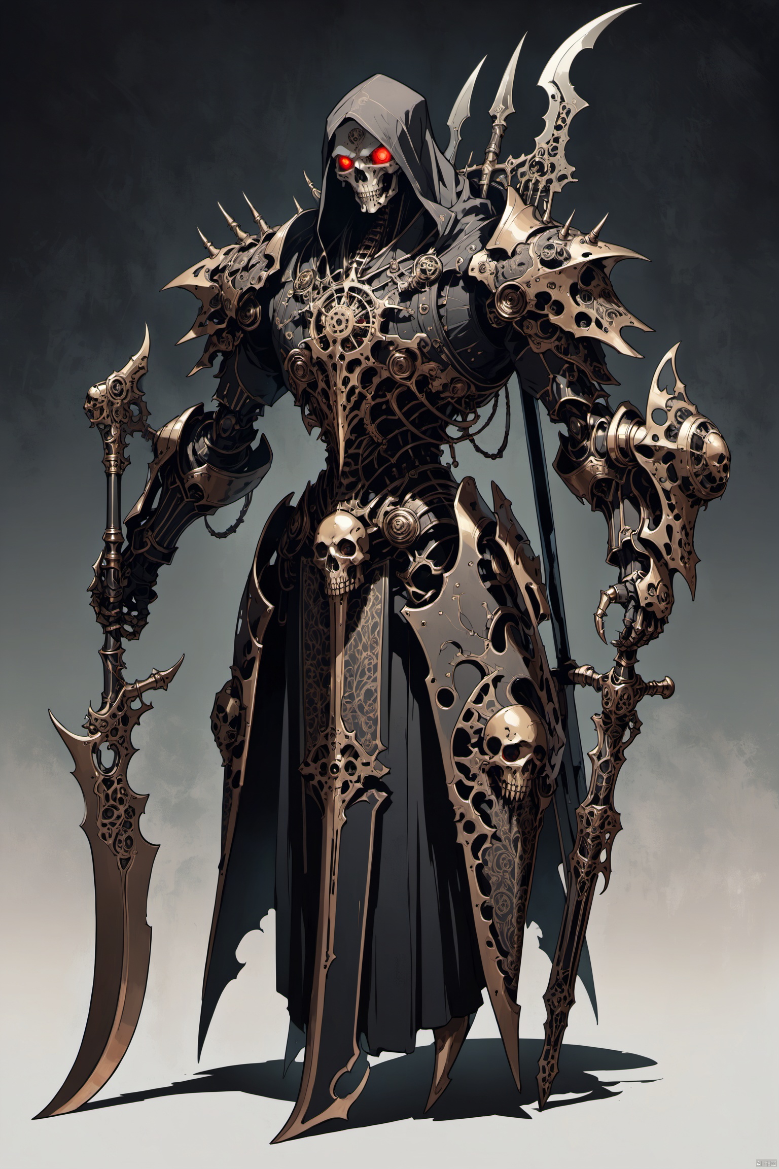  exquisite character design, intricate mechanical details, steampunk-inspired reaper, hybrid humanoid-machine form, polished bronze and copper fittings, oil-stained gears visible beneath transparent plates, sinuous limbs ending in articulated claws, elongated spine terminating in a menacing scythe blade, adorned with Victorian filigree and arcane symbols, crowned by a skull helm with glowing red eye sockets, standing on a minimalist, grunge-textured platform, monochromatic background to emphasize form and texture, subtle hints of steam issuing from joints, expressive yet eerie digital display for face, emphasizing its status as an otherworldly entity, imbued with a sense of both mortality and immortality, single source of dramatic downlighting, isolated figure without additional elements to distract from the central character, (gradient background, simple background),((anime art style)), ((poakl))
