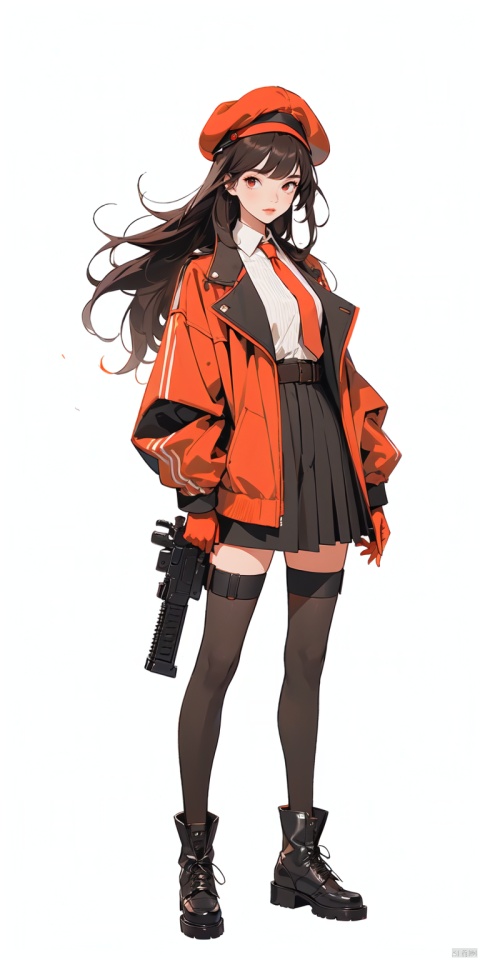  (\ji jian\),  ((poakl)),1girl, solo, long hair, breasts, looking at viewer, bangs, simple background, brown hair, red eyes, thighhighs, gloves, long sleeves, hat, white background, dress, medium breasts, closed mouth, standing, jacket, full body, weapon, boots, open clothes, necktie, belt, black thighhighs, black footwear, open jacket, black jacket, gun, black headwear, skindentation, floating hair, beret, rifle, red gloves, assault rifle, weapon on back
