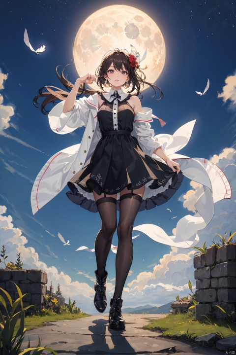  (masterpiece),(best quality),(ultra-detailed), (full body:1.2), 8k, 1girl,random pose, feather,wind, transparent,gauze,fly,cloudy sky, moon, ((poakl))