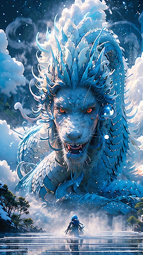 (((blue hair))),(((red eye))), (best quality), (ultra-detailed), (best illustration),(best shadow), (an extremely delicate and beautiful), ((((1girl)))), beautiful detailed sky, beautiful detailed eyes,, long hair,smile,long_hair,snow,  Nebula,moyou, dragonhead, BJ_Sacred_beast,white dragon,