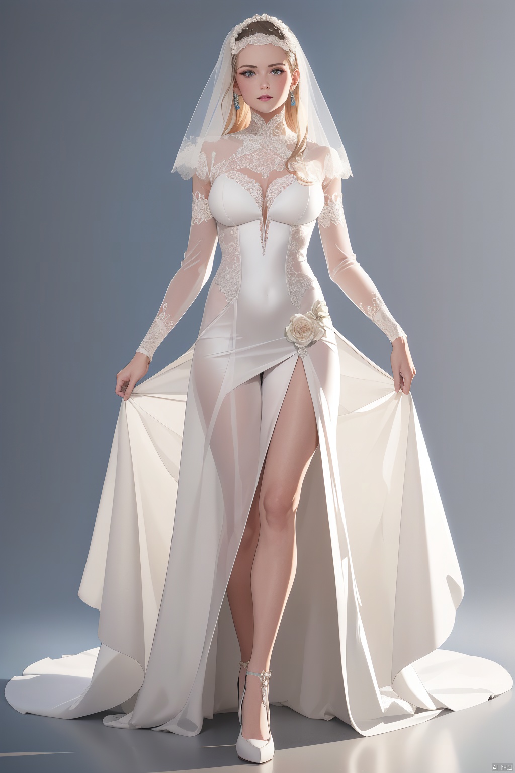  lucy \(cyberpunk\),1girl,wedding dress,see-through,walking,realistic,simple background,