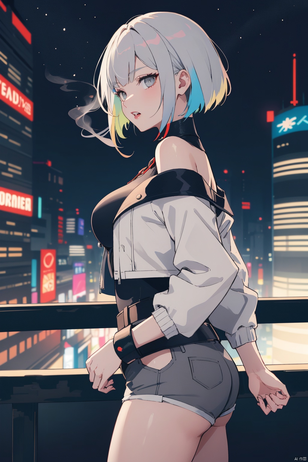  lucy \(cyberpunk\),1girl,against railing,arm rest,bangs,bare shoulders,belt,black belt,black leotard,black pants,blurry,bob cut,breasts,building,cigarette,cityscape,clothing cutout,cropped jacket,cyberpunk,depth of field,from side,gradient eyes,grey eyes,grey hair,holding,holding cigarette,jacket,leotard,lips,long sleeves,looking afar,looking ahead,mechanical parts,medium breasts,multicolored eyes,multicolored hair,night,night sky,off shoulder,open clothes,open jacket,outdoors,pants,parted lips,railing,red eyeliner,science fiction,short hair with long locks,short shorts,shorts,sidelocks,sky,smoke,smoking,solo,standing,teeth,thigh cutout,upper teeth only,white jacket,white shorts,cyberpunk \(series\),cyberpunk edgerunners,,