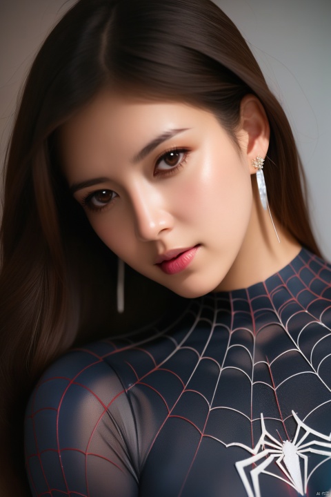  hyperdetailed photography，spiderman cosplay,1girl,long hair,looking at viewer,brown hair,brown eyes,earrings,bodysuit,spider web,head tilt,simple background,,beautiful detailed glow, (detailed ice), beautiful detailed water,