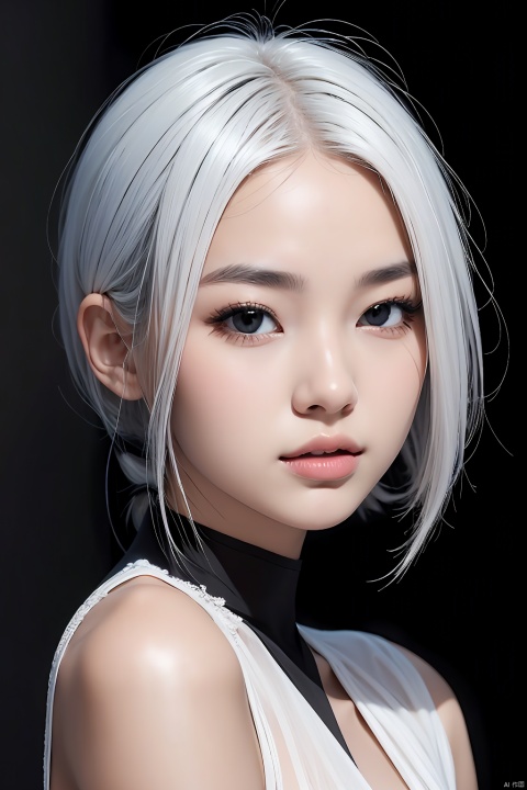1girl\(18 years old, white hair,perfect face,Princess half-tied hair\),realistic,solo,black background,