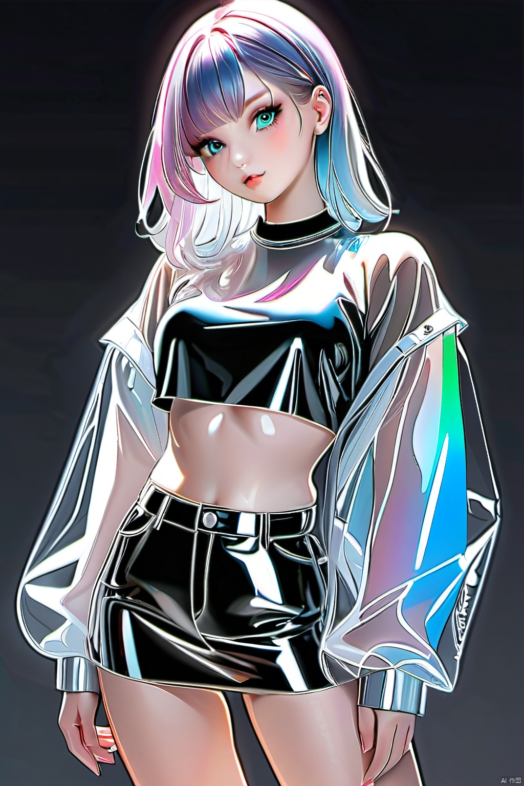  Best quality,masterpiece,transparent color PVC clothing,transparent color vinyl clothing,prismatic,holographic,chromatic aberration,fashion illustration,masterpiece,girl with harajuku fashion,looking at viewer,8k,ultra detailed,pixiv