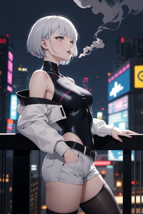  lucy \(cyberpunk\),1girl,against railing,arm rest,bangs,bare shoulders,belt,black belt,black leotard,black pants,blurry,bob cut,breasts,building,cigarette,cityscape,clothing cutout,cropped jacket,cyberpunk,depth of field,from side,gradient eyes,grey eyes,grey hair,holding,holding cigarette,jacket,leotard,lips,long sleeves,looking afar,looking ahead,mechanical parts,medium breasts,multicolored eyes,multicolored hair,night,night sky,off shoulder,open clothes,open jacket,outdoors,pants,parted lips,railing,red eyeliner,science fiction,short hair with long locks,short shorts,shorts,sidelocks,sky,smoke,smoking,solo,standing,teeth,thigh cutout,upper teeth only,white jacket,white shorts,cyberpunk \(series\),cyberpunk edgerunners,,