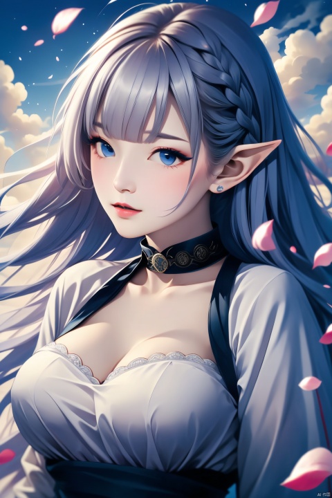  realistic,Nephelia,1girl,pointy ears,blue eyes,very long hair,white hair,elf,maid,collar,braid,blunt bangs,hair ribbon,,((breeze)), flying splashes, flying petals, wind,