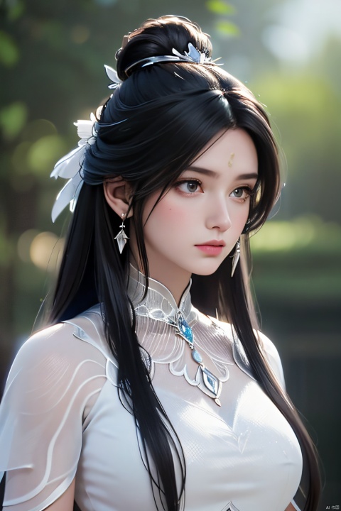  8K,highres,absurdres,masterpiece,best quality,original,extremely detailed CG,extremely detailed wallpaper,perfect lighting,1girl,black hair,catfish bangs,very long hair,hair down to chest,looking at viewer,hair ornament,dress,white dress,jewelry,closed mouth,upper body,earrings,blurry,blurry background,forehead mark,sunlight,,hair d