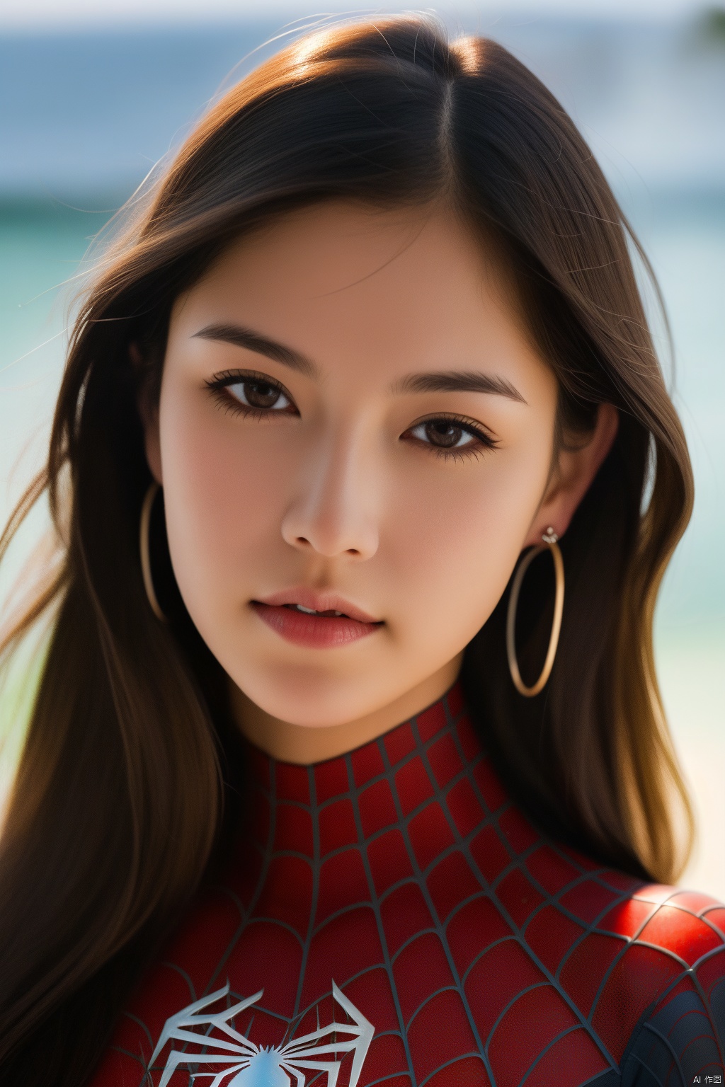  hyperdetailed photography，spiderman cosplay,1girl,long hair,looking at viewer,brown hair,brown eyes,earrings,bodysuit,spider web,head tilt,simple background,,beautiful detailed glow, (detailed ice), beautiful detailed water,