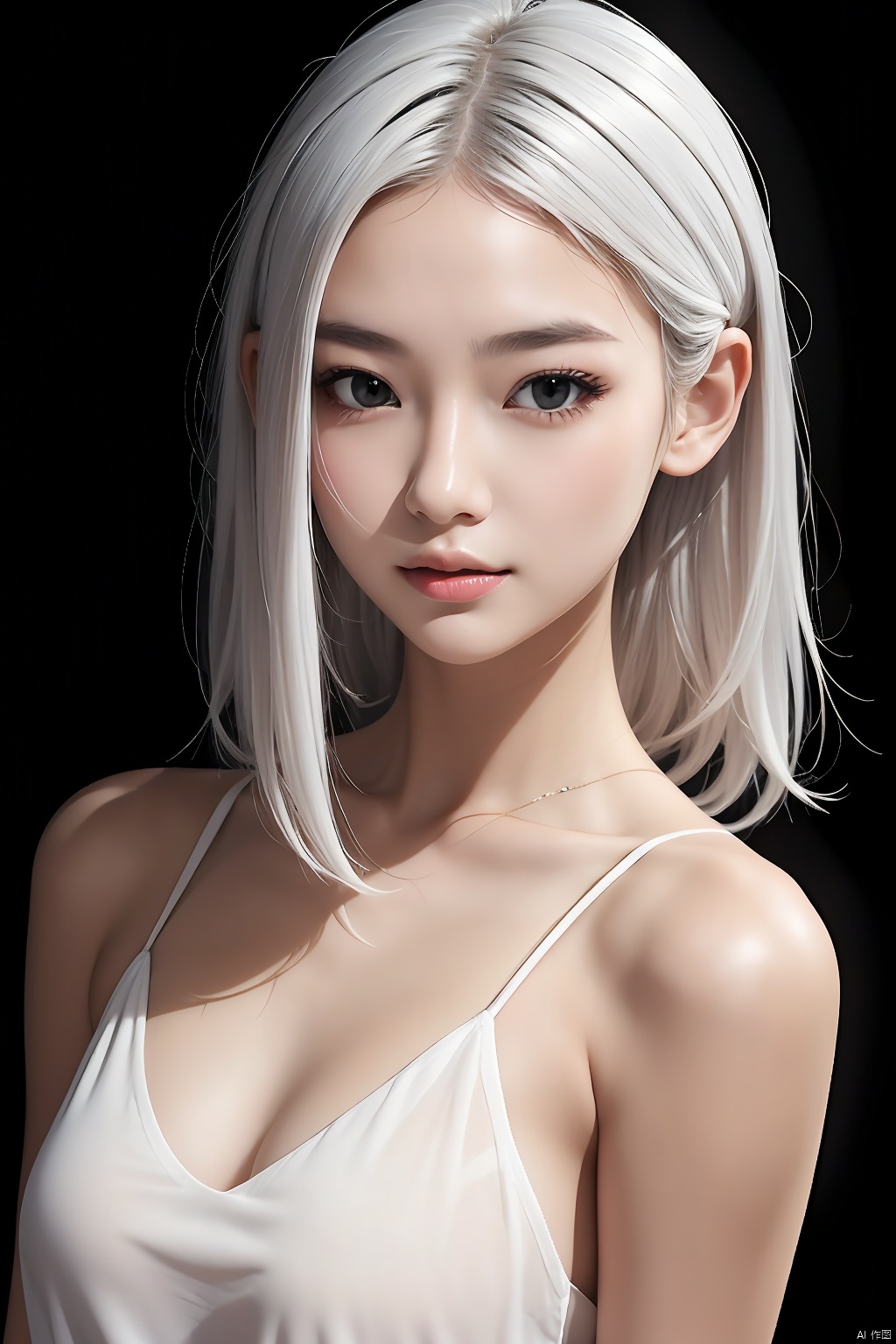 1girl\(18 years old, white hair,perfect face,Princess half-tied hair\),realistic,solo,black background,