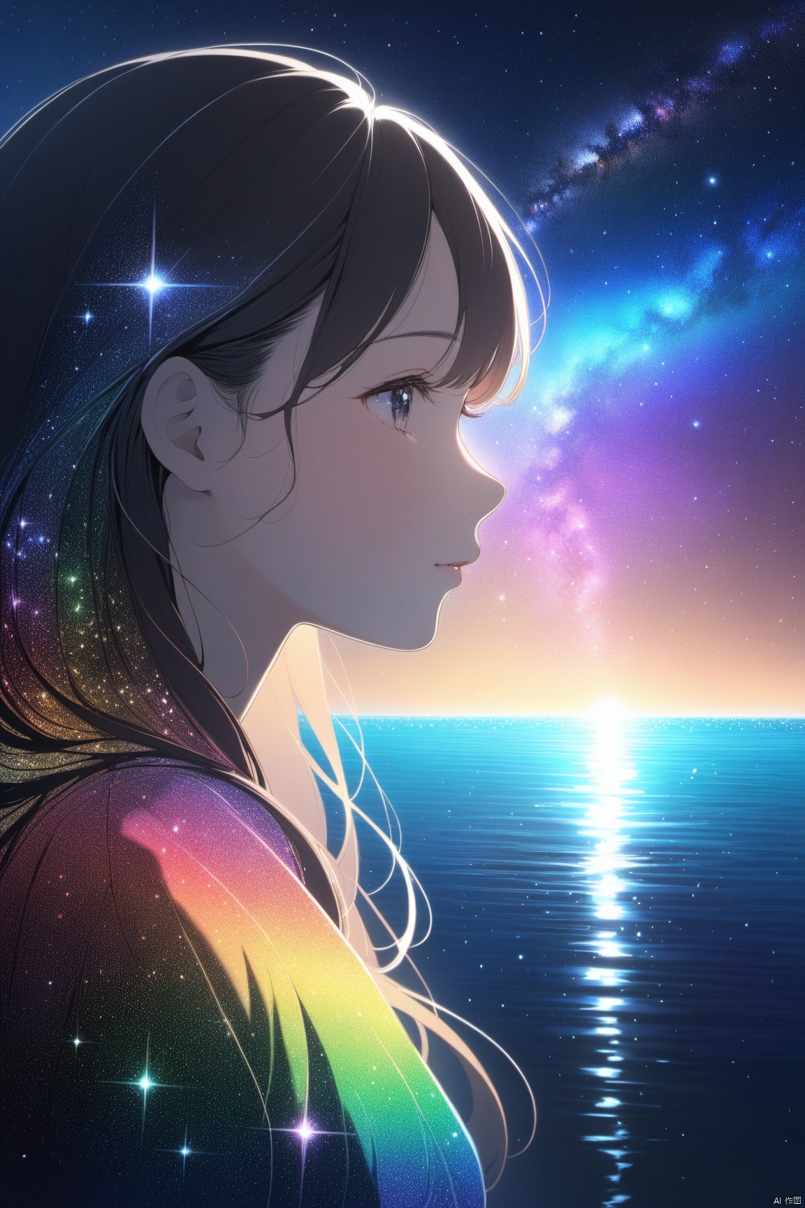 Best quality,masterpiece,1 girl,closeup,portrait,upper body,left,face from side,on the sea,(under the starry sky:1.1),the sea reflects the starry sky,rainbow color light reflected on the girl's face,sparkling lights,magical atmosphere,pointillism,Silhouette view,Cosmic wonders,Mysterious and colorful,nebula light,cosmic light,galactic light,Astronomical view,Macroscopic perspective,perspective view,masterpiece,