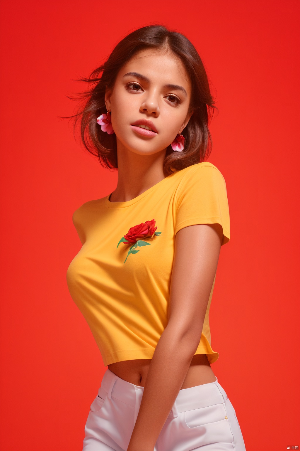  The lbc girl is wearing a yellow T-shirt and holding a big bunch of red roses, with a bust of 8k, clear details, rich facial expressions and a background sky., Hyperdetailed Photography, art painting , Nebula background, dancing