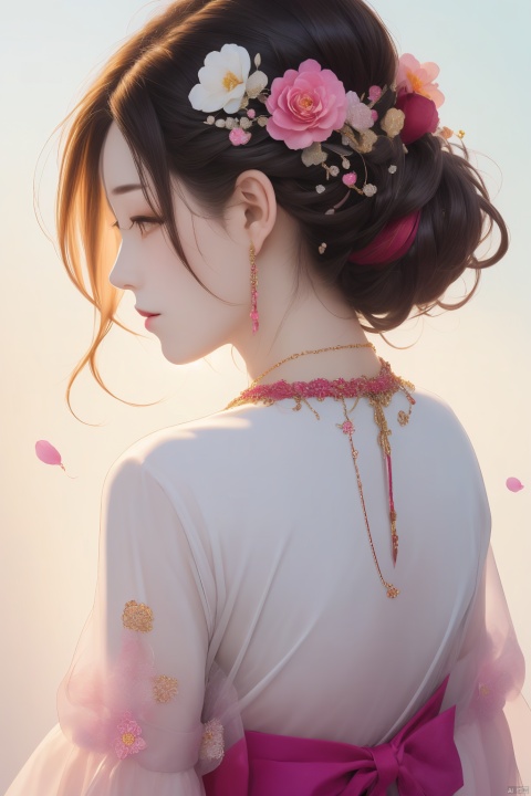  masterpiece,best quality,high quality,(colorful),[Artist miwano rag],[Artist chen bin],[Artist wlop:1],1girl, solo, dress, brown hair, on stomach, lying, realistic, mole, jewelry, lips, short hair, necklace, bare shoulders, brown eyes, flower, hair ornament, high heels, bare back, wrist cuffs, hair flower, pink dress, backless outfit, ribbon, pearl necklace, shoes, back, asian