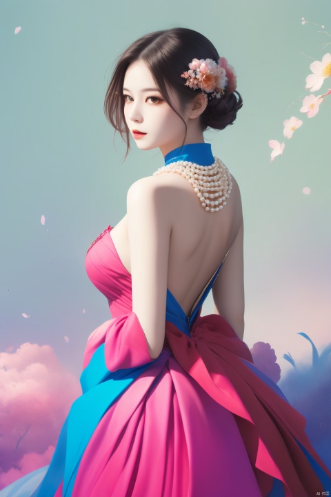  masterpiece,best quality,high quality,(colorful),[Artist miwano rag],[Artist chen bin],[Artist wlop:1],1girl, solo, dress, brown hair, on stomach, lying, realistic, mole, jewelry, lips, short hair, necklace, bare shoulders, brown eyes, flower, hair ornament, high heels, bare back, wrist cuffs, hair flower, pink dress, backless outfit, ribbon, pearl necklace, shoes, back, asian