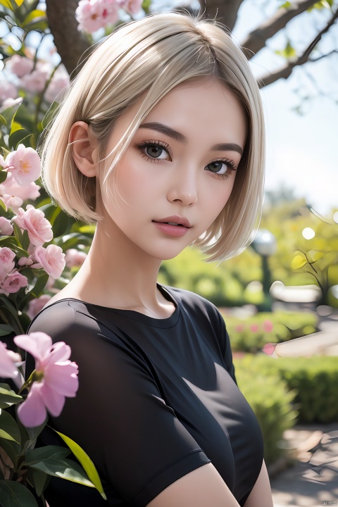 pretty 1girl, absurdres, 8k uhd, platinum blonde hair, bob cut, medium breasts, black tshirt, denim shorts, garden background, flowers, magnolias, apple tree, close up portrait