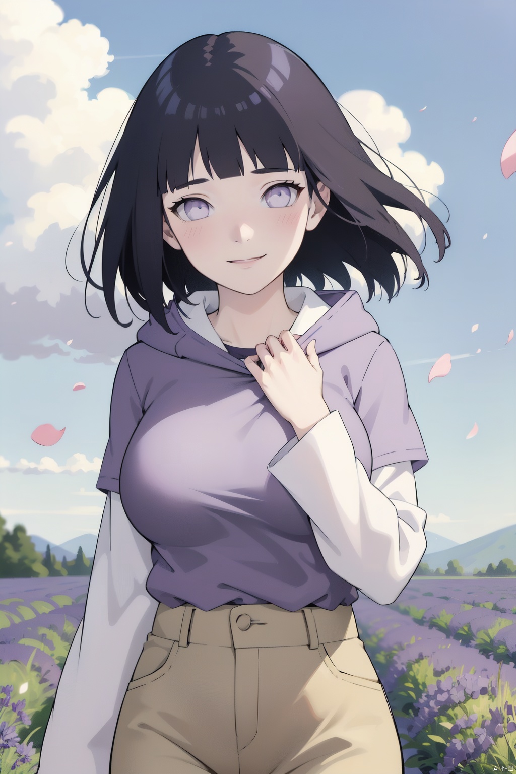  masterpiece,absurdres,hinata\(boruto\),1girl,solo,mature female,purple hoodie,layered sleeves,brown pants,outdoors,lavender flower field,wind,floating hair,hand on own chest,looking at viewer,smile,(falling petals),cloudy sky,large breasts,fishnets,blush,