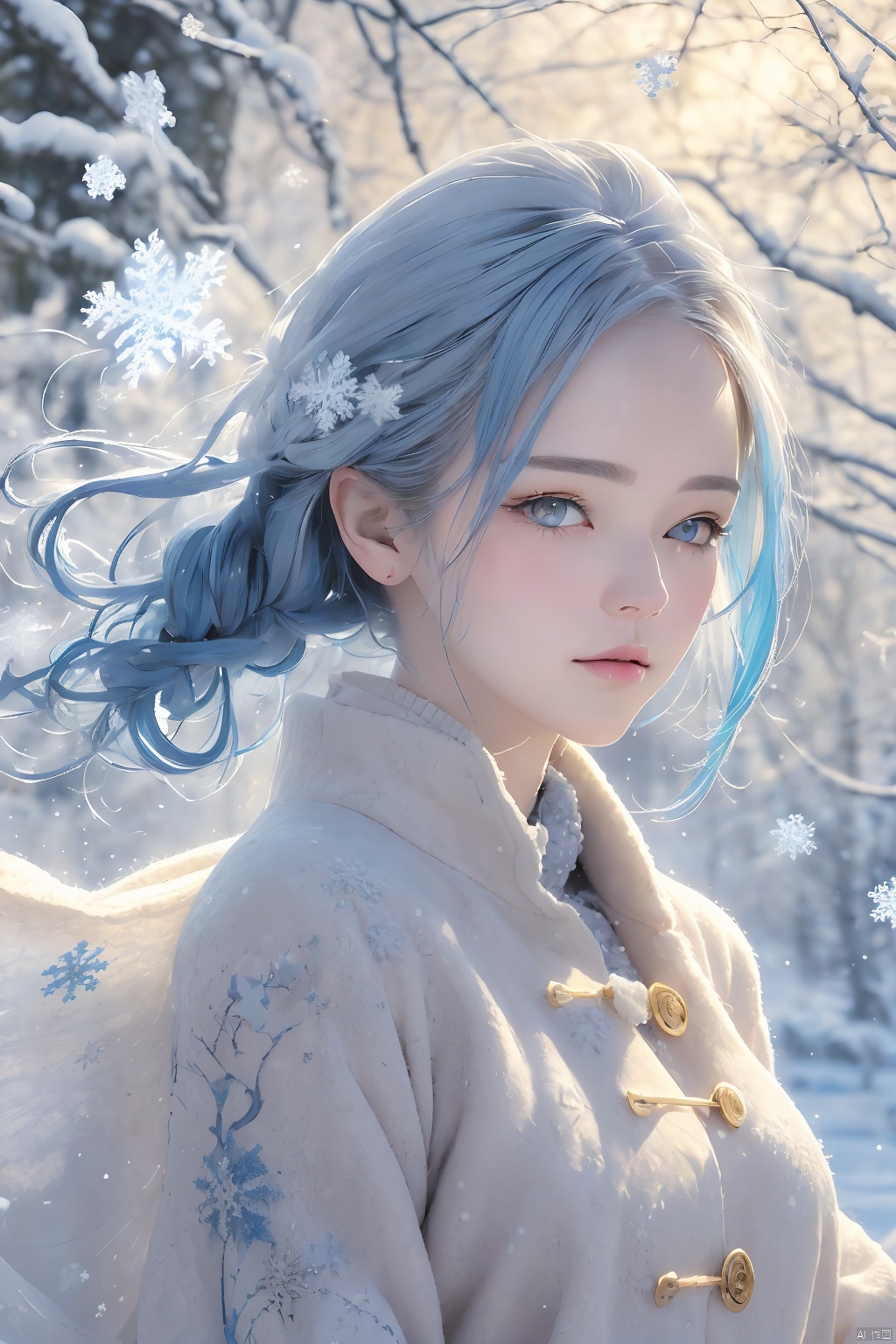  moments stretch and twist, turning a hurried walk into an eternity of swirling flakes. (masterpiece, detailed artwork), Snowflakes,1girl, golden eyes, sleepy, blush, (detailed lips), (cute winter coat, knitted winter coat), layla, twin drills, drill locks, blue hair, jewelry, sleepy eyes, Snow, snowflakes,masterpiece, jijianchahua
