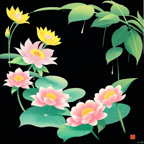  the 24 Traditional Chinese Solar Terms\(Rain Water\),flat,black background,flower,water