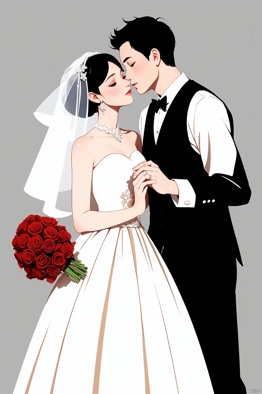  Valentine's Day,Flat painted style,1girl,1boy,rose,wedding_dress,simple background,,love,romantism,masterpiece,