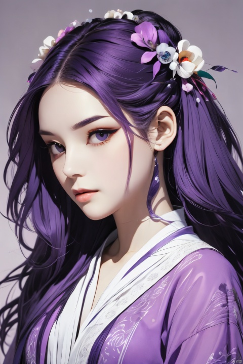  1 girl, solo,purple hair,long hair, hair ornament,