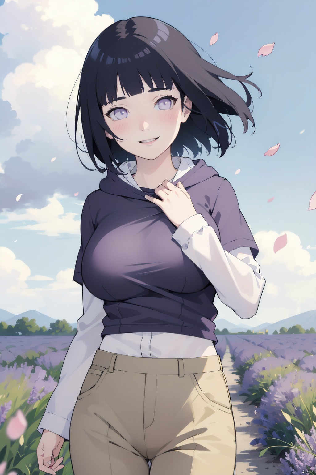  masterpiece,absurdres,hinata\(boruto\),1girl,solo,mature female,purple hoodie,layered sleeves,brown pants,outdoors,lavender flower field,wind,floating hair,hand on own chest,looking at viewer,smile,(falling petals),cloudy sky,large breasts,fishnets,blush,