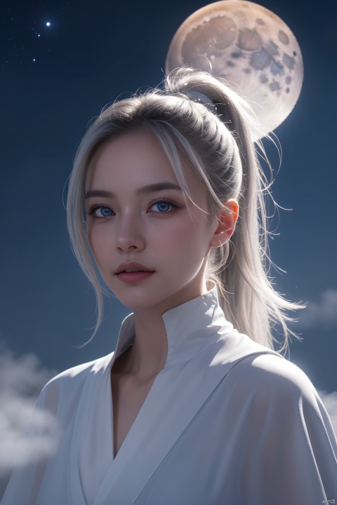 masterpiece, (best quality:1.2), (ultra-detailed:1.2), illustration, (an extremely delicate and beautiful:1.2),cinematic angle,floating, (beautiful detailed eyes:1.1), (detailed light:1.1),cinematic lighting, beautifully detailed sky, women, white hair, blue eyes, (high ponytail:1.1), cloak, glowing eyes, (moon:1.2), (moonlight:1.1), starry sky, (lighting particle:1.1), fog, snow painting, sketch, bloom