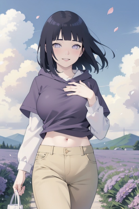  masterpiece,absurdres,hinata\(boruto\),1girl,solo,mature female,purple hoodie,layered sleeves,brown pants,outdoors,lavender flower field,wind,floating hair,hand on own chest,looking at viewer,smile,(falling petals),cloudy sky,large breasts,fishnets,blush,