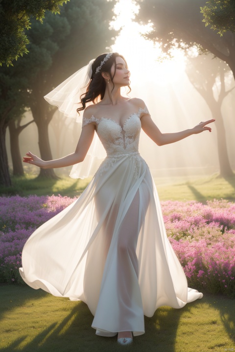 As she walks among a field of vibrant flowers,( the sun's rays illuminate her flowing translucent wedding dress,
creating a glowing, ethereal aura). Her beauty enchants all who behold her, and the air around her seems to dance with magic. The transparent fabric of her dress gently flutters in the breeze, and delicate butterflies flutter around her like enchanted companions. It is a dreamlike scene, straight out of a fantasy tale.