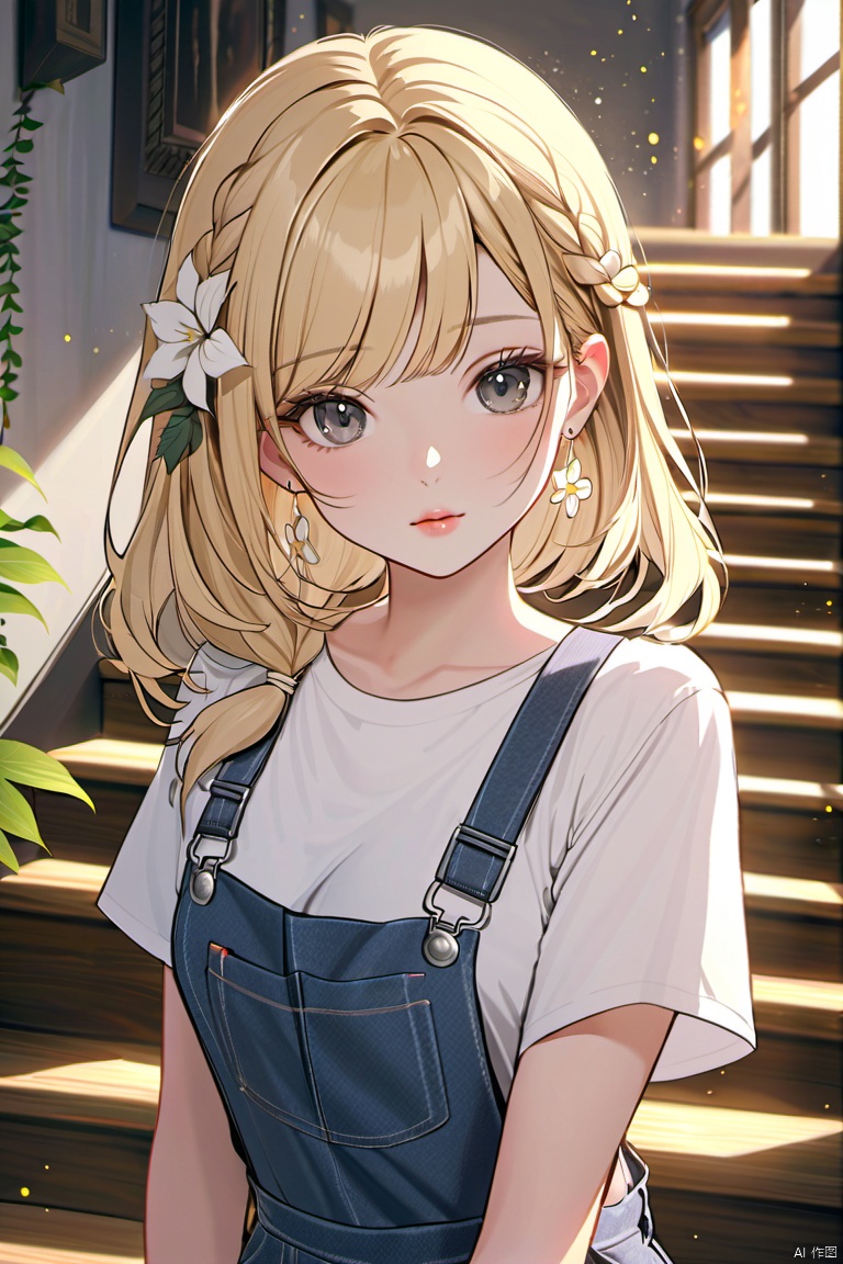  1girl, solo, long hair, looking at viewer, bangs, blonde hair, shirt, hair ornament, jewelry, closed mouth, white shirt, upper body, braid, flower, short sleeves, earrings, indoors, hair flower, medium hair, lips, grey eyes, light particles, stairs, overalls