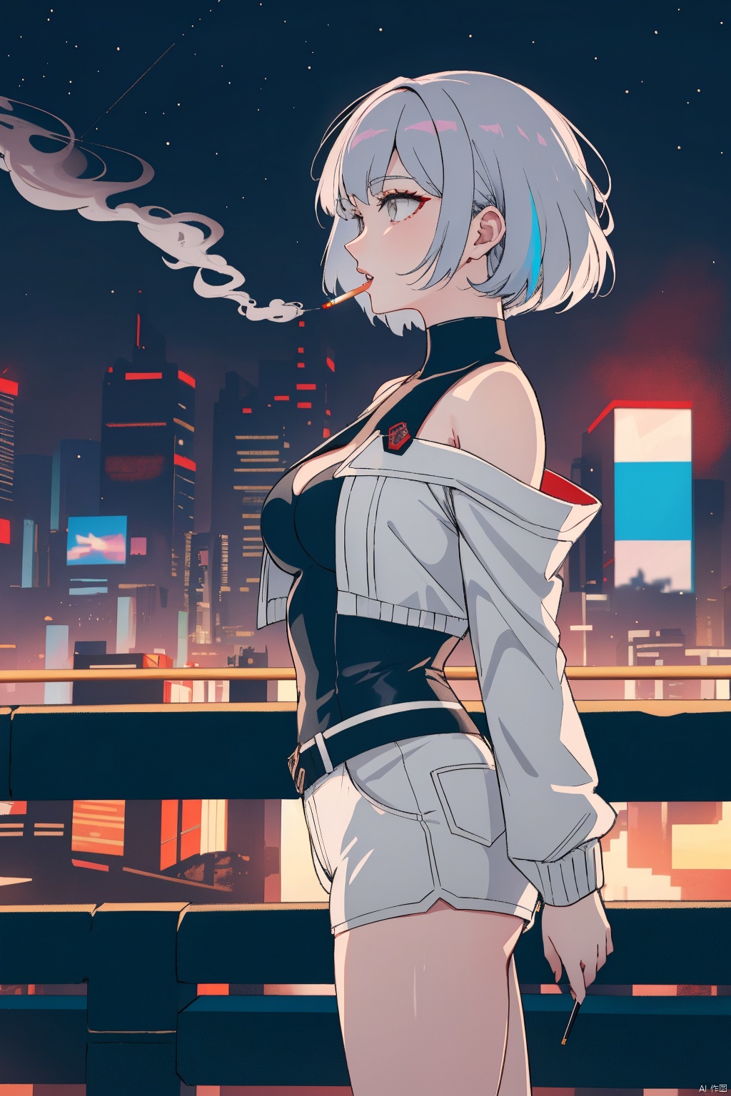  lucy \(cyberpunk\),1girl,against railing,arm rest,bangs,bare shoulders,belt,black belt,black leotard,black pants,blurry,bob cut,breasts,building,cigarette,cityscape,clothing cutout,cropped jacket,cyberpunk,depth of field,from side,gradient eyes,grey eyes,grey hair,holding,holding cigarette,jacket,leotard,lips,long sleeves,looking afar,looking ahead,mechanical parts,medium breasts,multicolored eyes,multicolored hair,night,night sky,off shoulder,open clothes,open jacket,outdoors,pants,parted lips,railing,red eyeliner,science fiction,short hair with long locks,short shorts,shorts,sidelocks,sky,smoke,smoking,solo,standing,teeth,thigh cutout,upper teeth only,white jacket,white shorts,cyberpunk \(series\),cyberpunk edgerunners,,