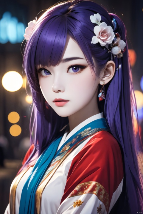  1 girl, solo,purple hair,long hair, hair ornament,