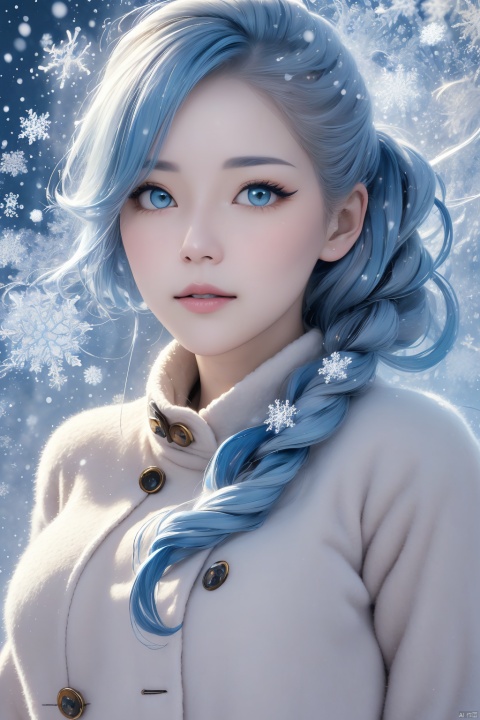  moments stretch and twist, turning a hurried walk into an eternity of swirling flakes. (masterpiece, detailed artwork), Snowflakes,1girl, golden eyes, sleepy, blush, (detailed lips), (cute winter coat, knitted winter coat), layla, twin drills, drill locks, blue hair, jewelry, sleepy eyes, Snow, snowflakes,masterpiece, jijianchahua