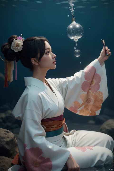 ornamental, intricate details, 3d render, cgi, symetrical, octane render,), hdr, (hyperdetailed:1.15), (soft light, sharp:1.2), rainbow painting drops, paint teardrops, woman made up from paint, entirely paint, splat, splash, SUPER  long hair, kimono made from paint, detailed texture kimono, underwater, water bulb, feather,  centaur, chibi,