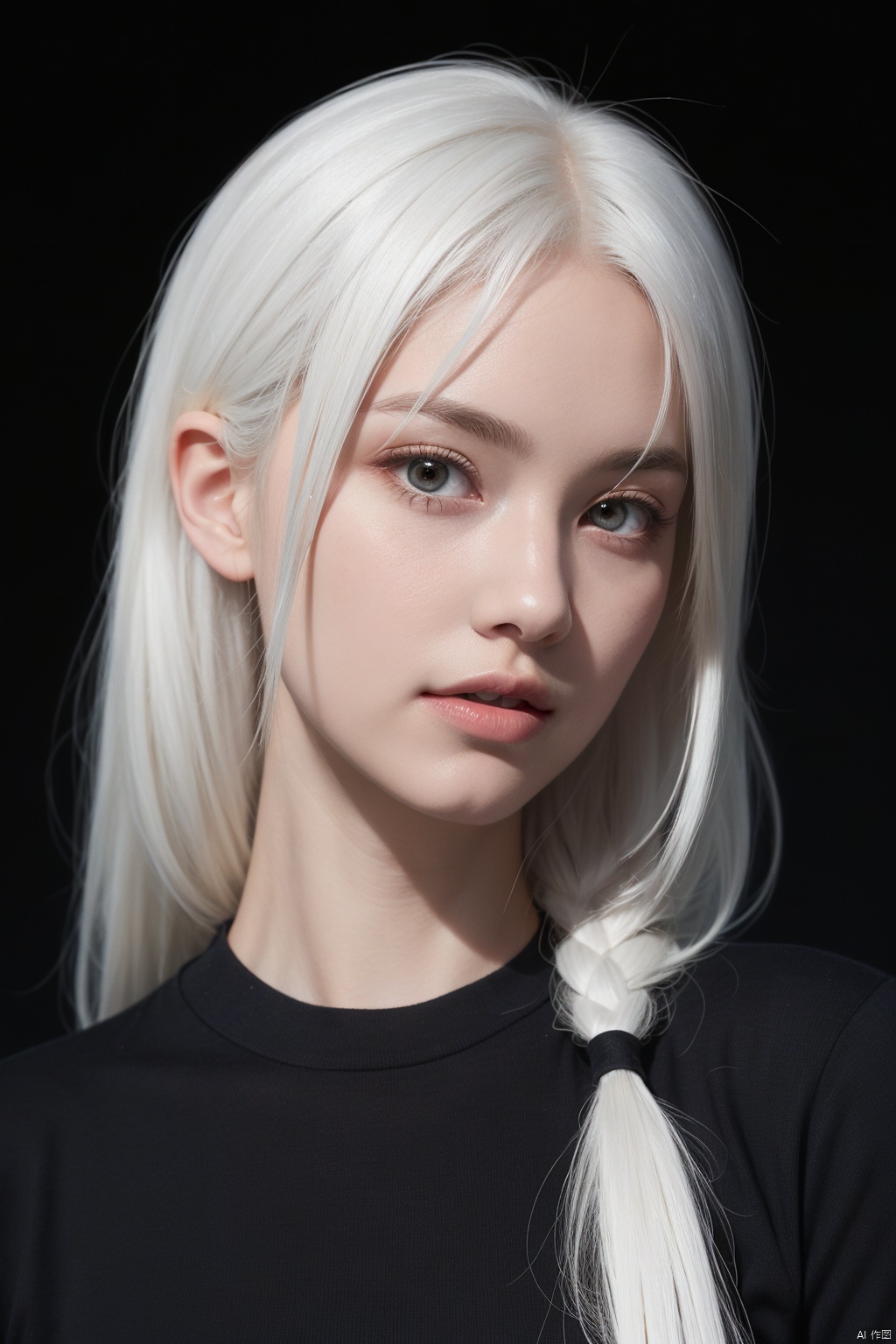 1girl\(18 years old, white hair,perfect face,Princess half-tied hair\),realistic,solo,black background,