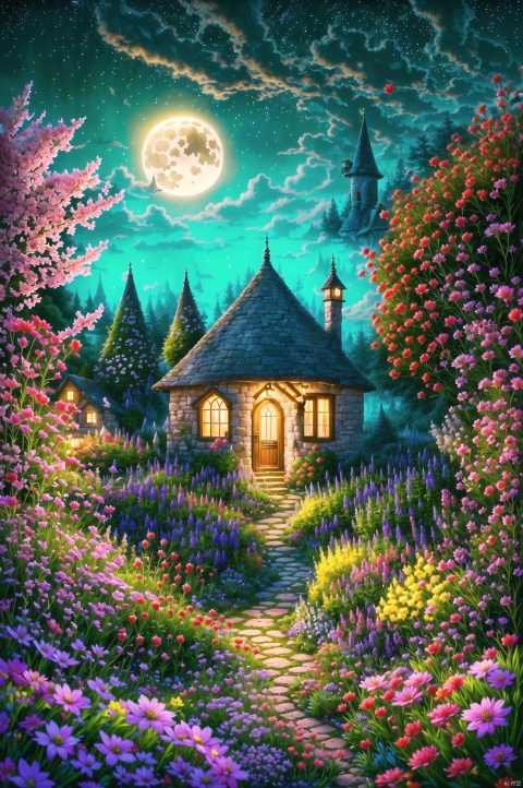  A vibrant, enchanted garden with a variety of magical flora glowing under the moonlight, with a quaint stone cottage in the background, illustration, 3d, cartoon,high resolution, high quality, detailed, masterpiece, hdr, sharp, amazing, beautiful, breathtaking, astonishing, brilliant, incredible