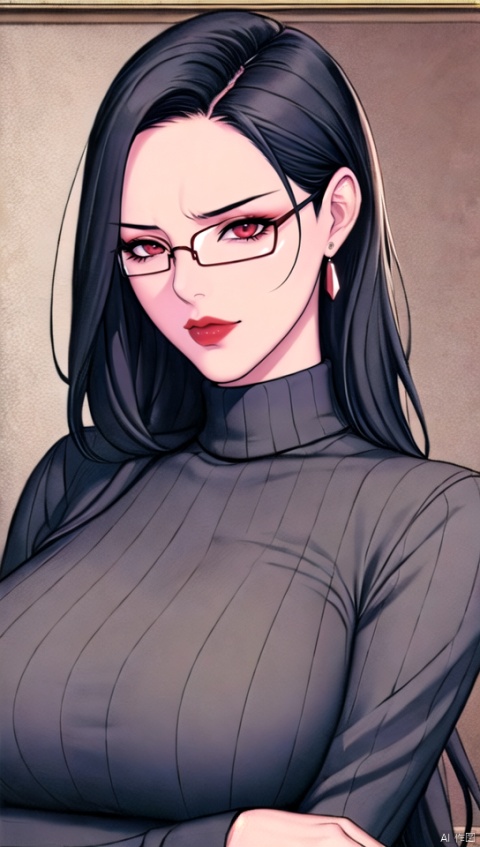  a domineering lady, serious, disgust, oda non, looking_at_viewer, red lips, semi_rimless_glasses, huge boobs, very_long_hair, black_hair, high detail, high_resolution, turtlenecks, portrait, upper_body, bust_portrait, upper_body_portrait