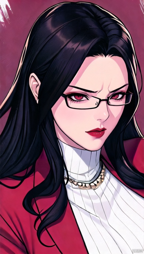  a domineering lady, serious, disgust, from above, oda non, looking_at_viewer, red lips, semi_rimless_glasses, huge boobs, very_long_hair, black_hair, high detail, high_resolution, turtlenecks, portrait, upper_body, bust_portrait, upper_body_portrait