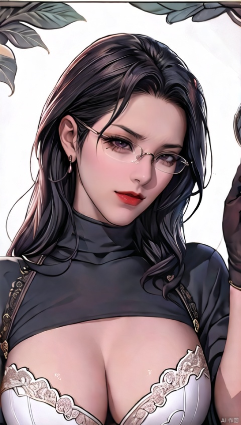  a domineering lady, disgust, ((from above)), oda non, looking_at_viewer, red lips, pointing at viewer, semi_rimless_glasses, huge boobs, very_long_hair, black_hair, high detail, high_resolution, turtlenecks, portrait, upper_body, bust_portrait, upper_body_portrait