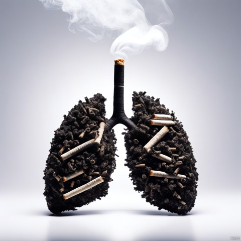 一张引人注目且发人深省的照片,展示了由香烟组成的人肺,突显了环境对健康的影响,香烟熏黑的投影与浅灰色背景形成鲜明对比,构成了一幅视觉冲击力强的画面
