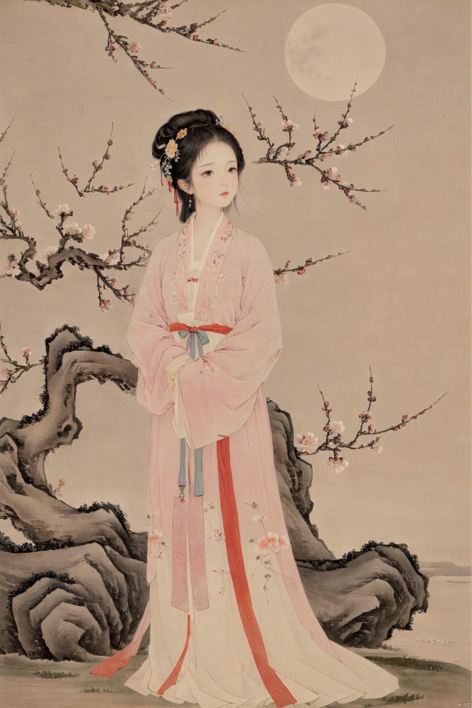 Elegant ancient Chinese woman in traditional Hanfu, standing by a blooming plum tree, under the moonlight, expression of deep longing and subtle sorrow, delicate and pale face showing signs of weariness, her attire slightly disheveled as if untouched for days, surrounded by a serene and misty ancient garden,  best quality, ultra highres, original, extremely detailed, perfect lighting
, gufengsw001, traditional chinese ink painting