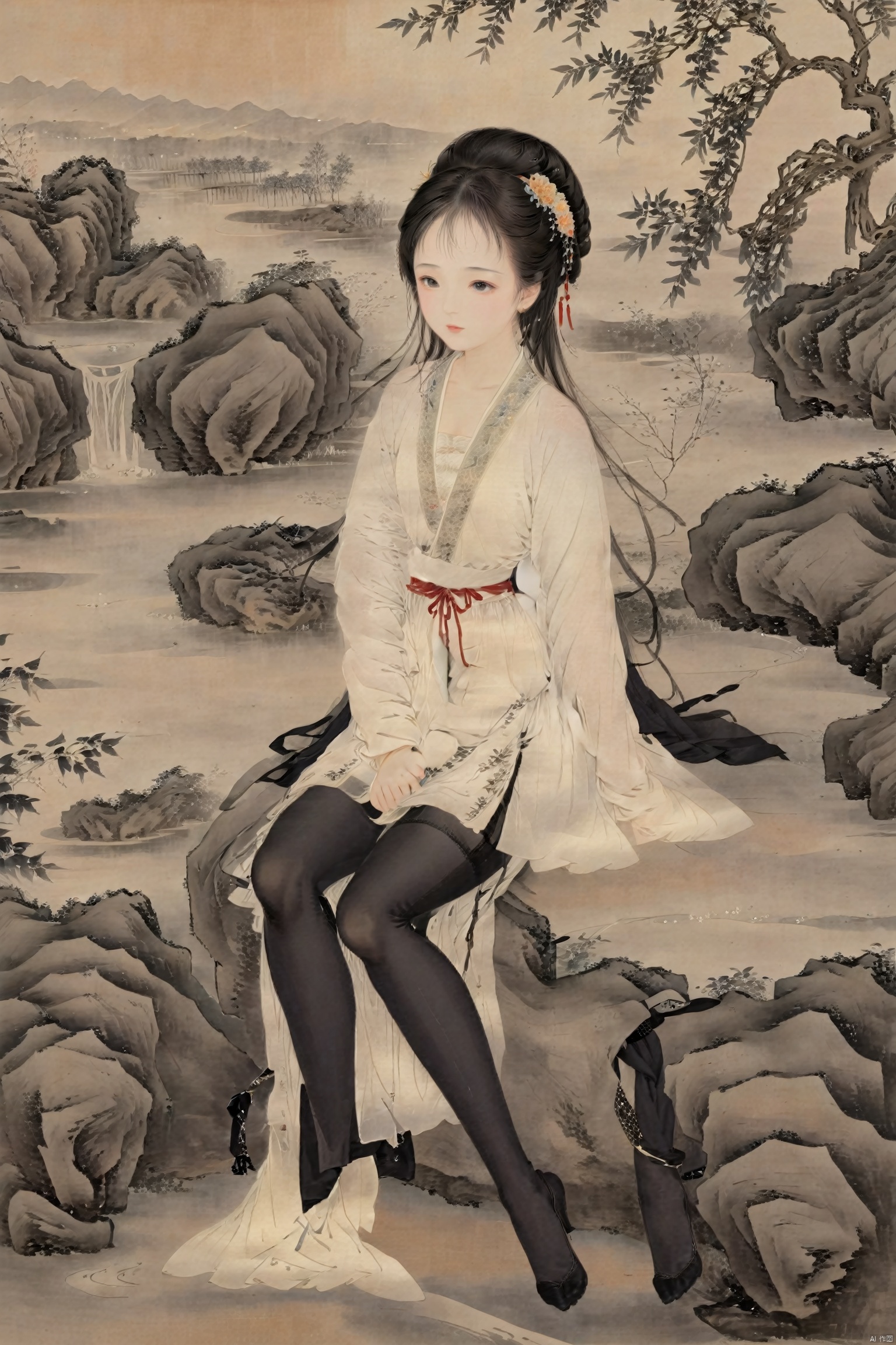  (Young woman: 1.2), (Traditional Chinese ink painting style: 1.0), Ancient women&#39;s hairstyle, antique short skirt, sexy, showing thighs, (Black stockings: 1.3), Elegant movements, (Simple background), Leave blank,, Master&#39;s work, High details, (close-up) figures, meticulous paintings, gray tones of antique paintings, delicate embroidery patterns, moonlight on the lake, breeze blowing willows, flying brushstrokes, poetic atmosphere, elegant manners, classical Chinese gardens, simplicity Pavilions, light clouds and smoke, traditional chinese ink painting, gufengsw001