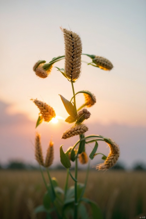 (masterpiece, highres, high quality, high resolution), (sunset over fields), (close-up of wheat grains), (wildflowers among wheat), (gentle breeze in wheat field), rustic countryside landscape, no humans, outdoors, photography, blurry

