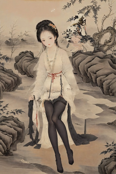  (Young woman: 1.2), (Traditional Chinese ink painting style: 1.0), Ancient women&#39;s hairstyle, antique short skirt, sexy, showing thighs, (Black stockings: 1.3), Elegant movements, (Simple background), Leave blank,, Master&#39;s work, High details, (close-up) figures, meticulous paintings, gray tones of antique paintings, delicate embroidery patterns, moonlight on the lake, breeze blowing willows, flying brushstrokes, poetic atmosphere, elegant manners, classical Chinese gardens, simplicity Pavilions, light clouds and smoke, traditional chinese ink painting, gufengsw001