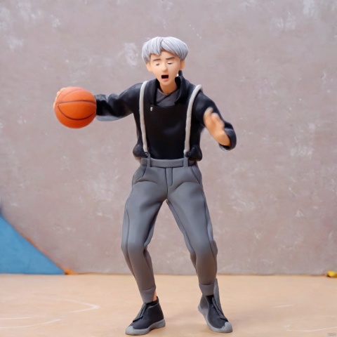 solo, grey hair, open mouth,  1boy, standing, full body, , male focus, , pants, black footwear, black shirt, overalls, grey pants, play basketball,claymotion, made-of-clay, stopmotion, polymer clay, ultra light clay, High quality, details, cartoonish, 8k, claymation, Clay Animation page