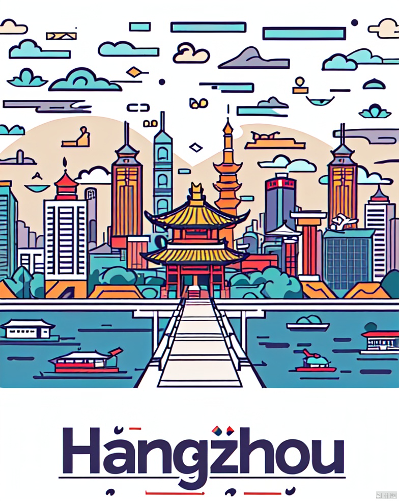 Sticker design in cartoon style, Hangzhou city skyline, vector illustration, simple lines, outline drawing, text "Hangzhou" below the scene, colorful cartoon style, flat composition, simple details, city buildings intermingled with historical structures. The West Lake with its iconic Leifeng Pagoda adds a tranquil and picturesque touch to the landscape